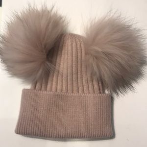 Light Pink Beanie with 2 real raccoon pom pom